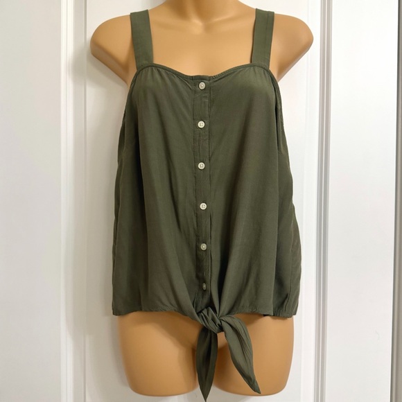 LOFT Outlet Olive Green Women's Button-Down Tie Front Top - Picture 2 of 7